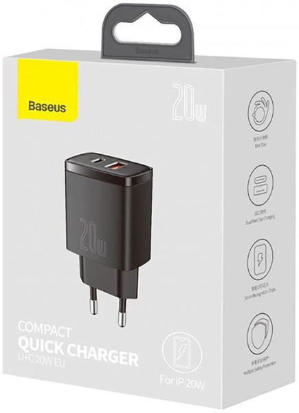 Baseus Compact Quick Charger 20W USB-A/USB-C Black F_138925 фото