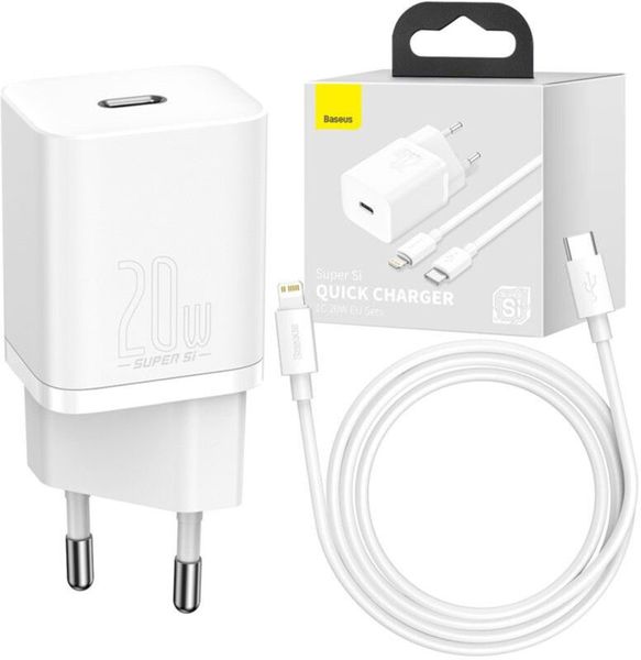 Baseus Super Si Quick Charger 20W Sets Black + Type-C to Lightning Cable White F_138627 фото