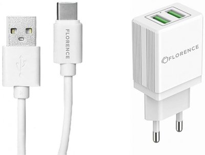 Florence 2USB 2A + Type-C cable White (FL-1021-WT) F_140598 фото