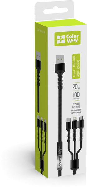 ColorWay 3в1 Lightning+MicroUSB+Type-C 4.0A 20W Grey 143798 фото