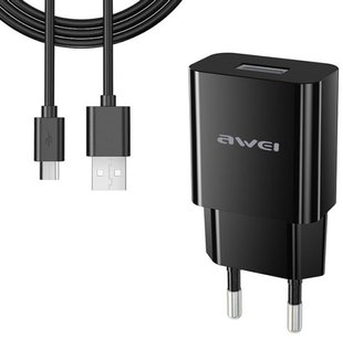 AWEI C-831T Travel charger + TypeC Cable 1USB 2.1A Black 120591 фото