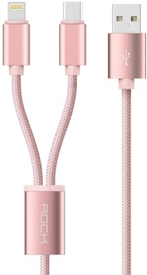Rock 2 in 1 charging cable w/ersion B/USBA TO lightning+micro/ 1,2M Rose Gold F_69353 фото