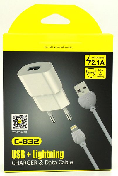 AWEI C-832 Travel charger + Lightning cable 1USB 2.1A Black 92053 фото