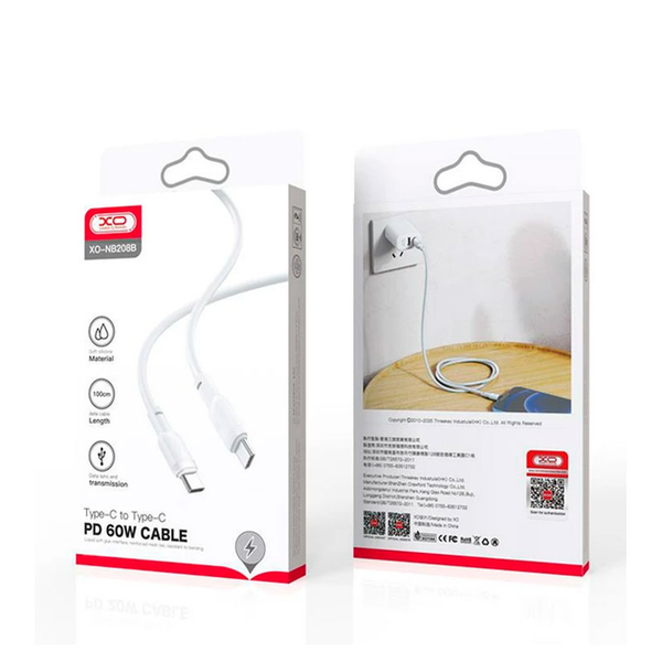XO PD Type-C to Type-C NB208B Liquid Silicone 60W 1m White 144974 фото