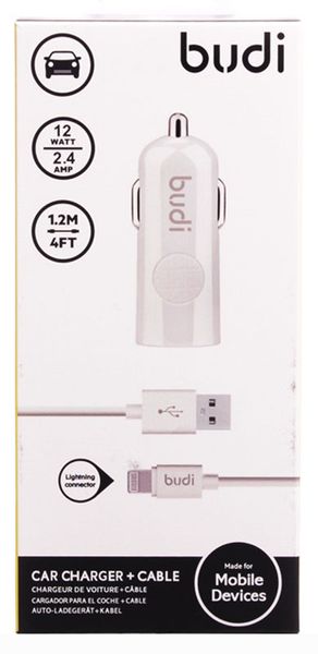 BUDI Car charger White Led 1USB 2.4A + Lightning cable 1.2 m White 51893 фото