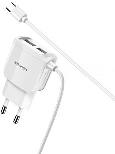 AWEI C5 Travel charger 2USB + Type-C Cable White 141307 фото