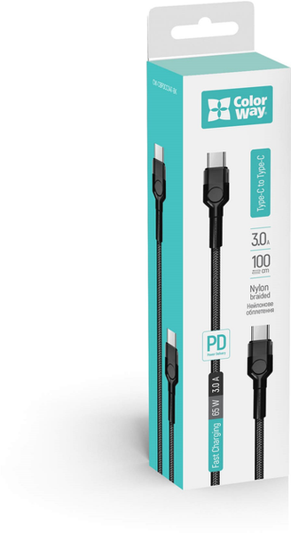 ColorWay Type-C - Type-C PD Fast Charging 65W 3.0А 1м Black 143800 фото