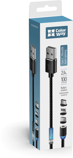 ColorWay USB - 3в1 Lightning + MicroUSB + Type-C Magnetic 2.4а 1м Black 143804 фото