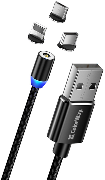 ColorWay USB - 3в1 Lightning + MicroUSB + Type-C Magnetic 2.4а 1м Black 143804 фото