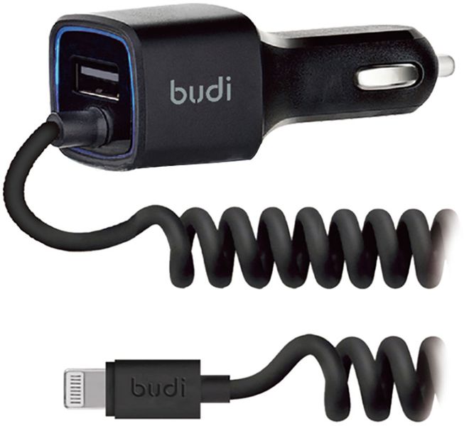 BUDI Car charger Blue Led Lightning 1.2 m + 1USB 2.4A Black F_51900 фото