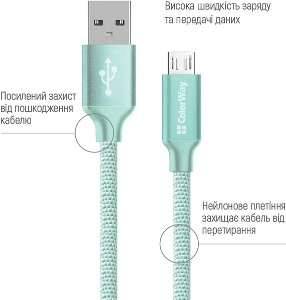 ColorWay USB - МicroUSB 2.1А 1м Mint 143923 фото