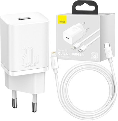 Baseus Super Si Quick Charger 20W Sets Black + Type-C to Lightning Cable White F_138627 фото