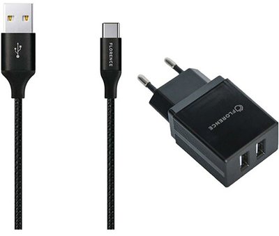 Florence 2USB 2A + Type-C cable Black (FL-1021-KT) F_132476 фото